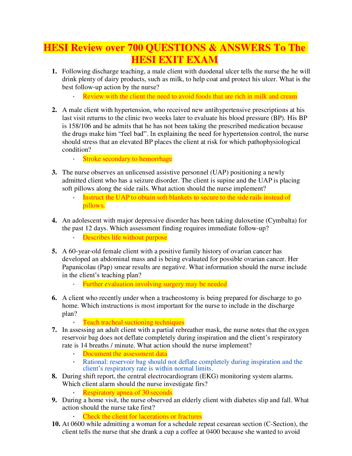 Preview image for HESI Review over 700 QUESTIONS & ANSWERS To The HESI EXIT EXAM